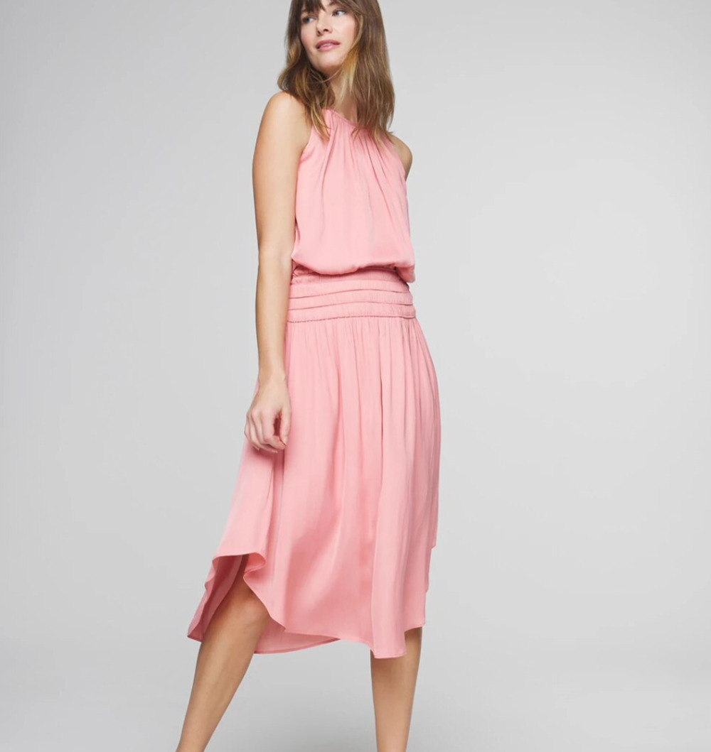 NWT White House Black Market Pink Smocked Midi Dress Women's Size S Drop Waist